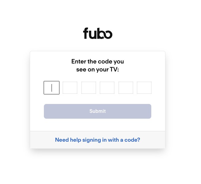 Fubo connect page with six empty code boxes and Submit button