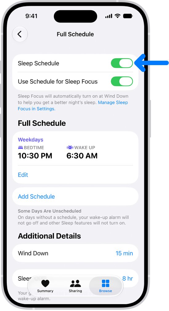 Full Schedule screen in Health with the Sleep Schedule switch at the top