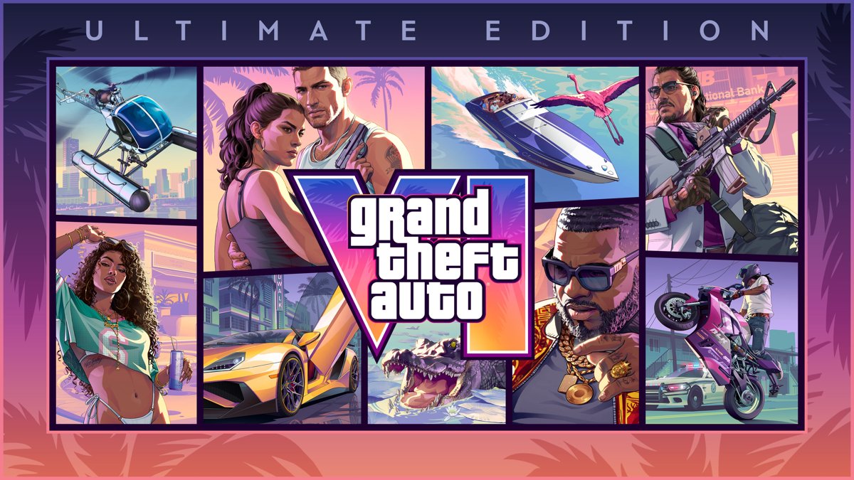 GTA 6 Ultimate Edition artwork with character panels around the logo