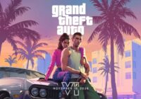 GTA 6 key art with two leads on a car in Vice City