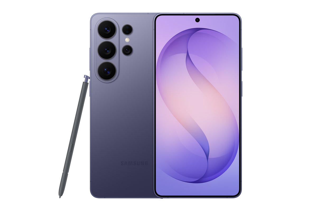 Galaxy S26 Ultra in violet, front and back, with its S Pen