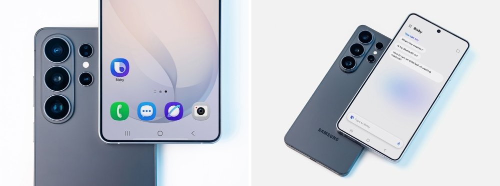 Galaxy phone home screen with the Bixby app icon beside its suggestions screen