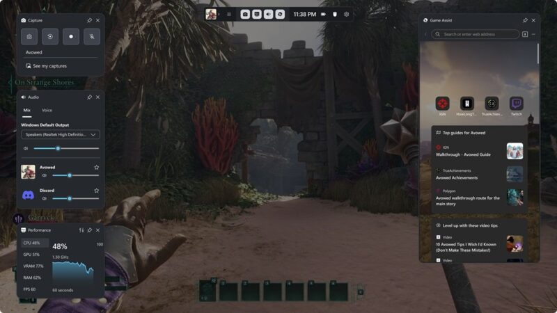 Game Bar overlay with the Game Assist widget open beside other widgets