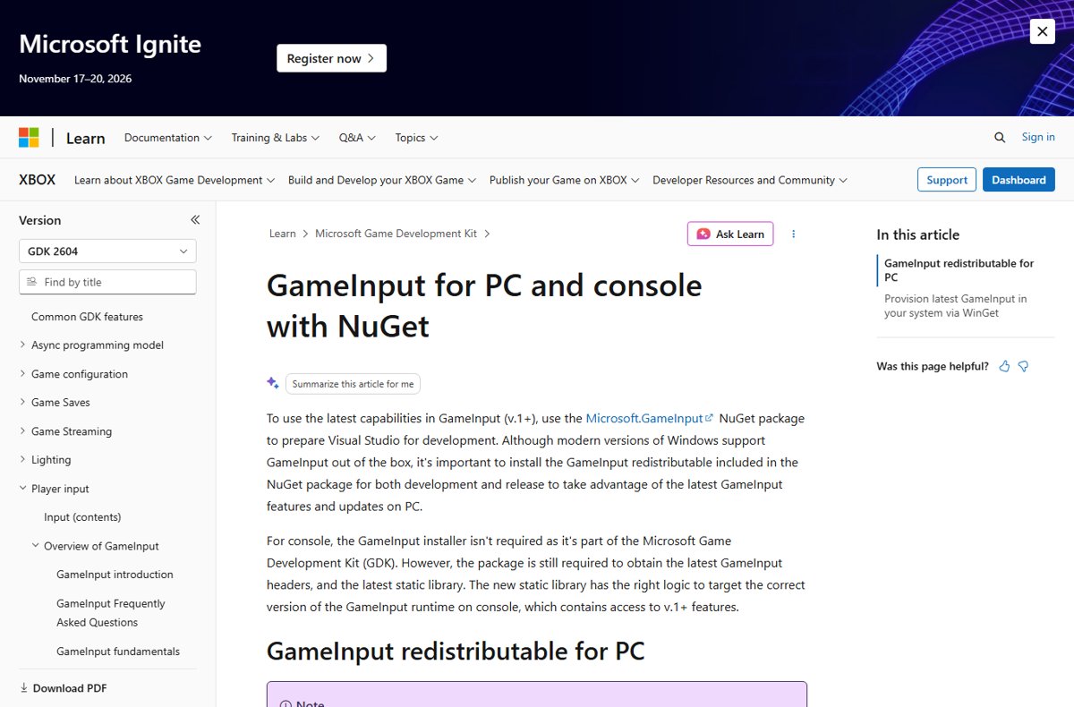 GameInput redistributable for PC explained on Microsoft's GameInput NuGet page