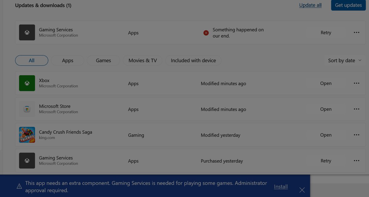 Gaming Services install stuck in Microsoft Store Updates and downloads with a Retry button