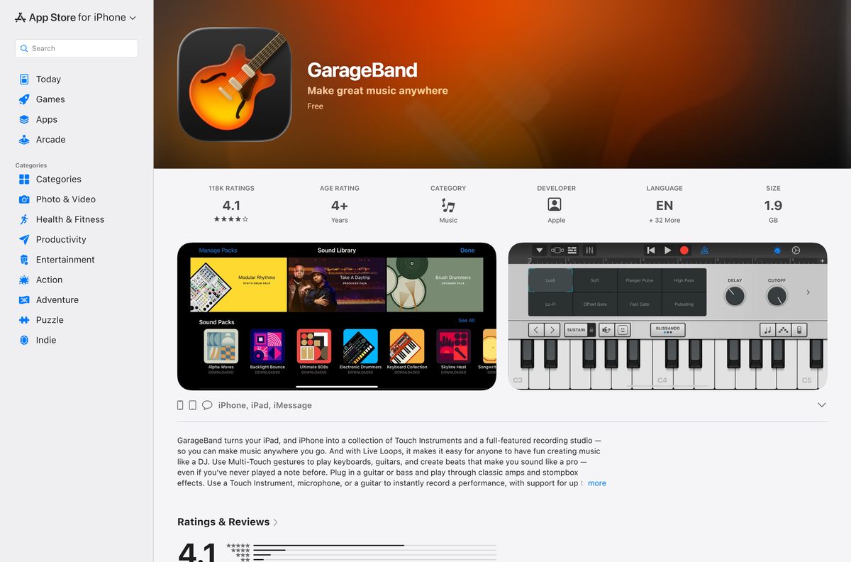 App Store listing for GarageBand on iPhone and iPad with version details