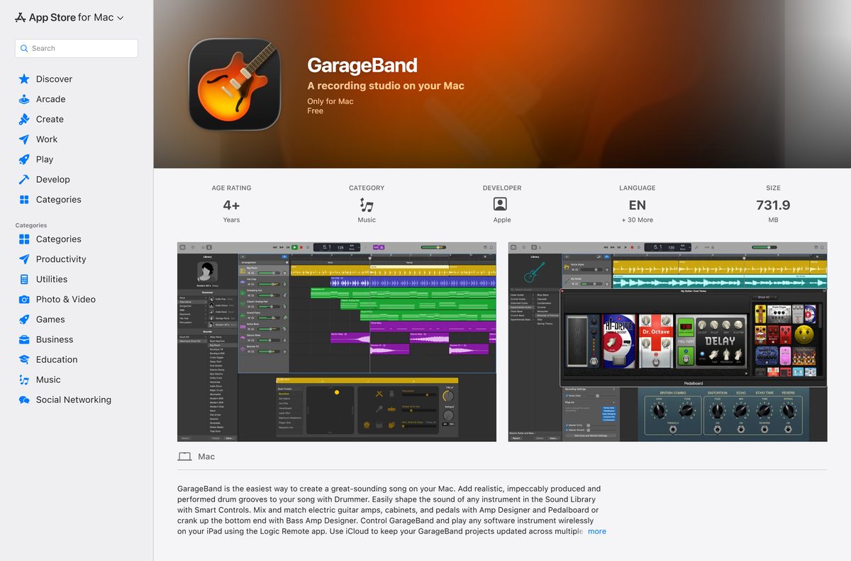 Mac App Store listing for GarageBand with its price, size and rating