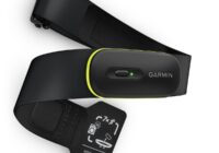 Garmin HRM 600 chest strap with yellow-trimmed module and care tag