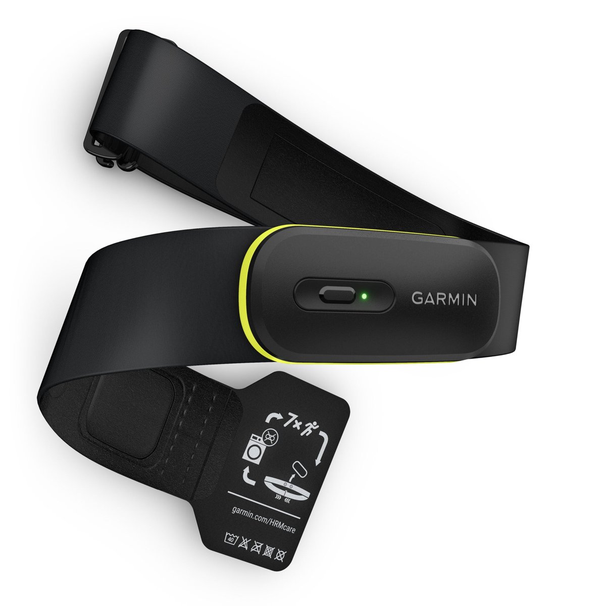 Garmin HRM 600 chest strap with yellow-trimmed module and care tag