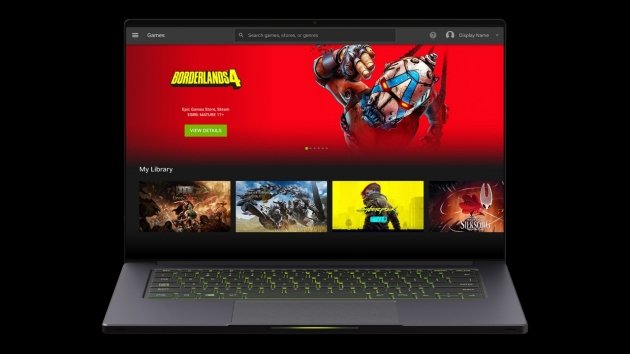 GeForce NOW app open on a laptop showing a game library