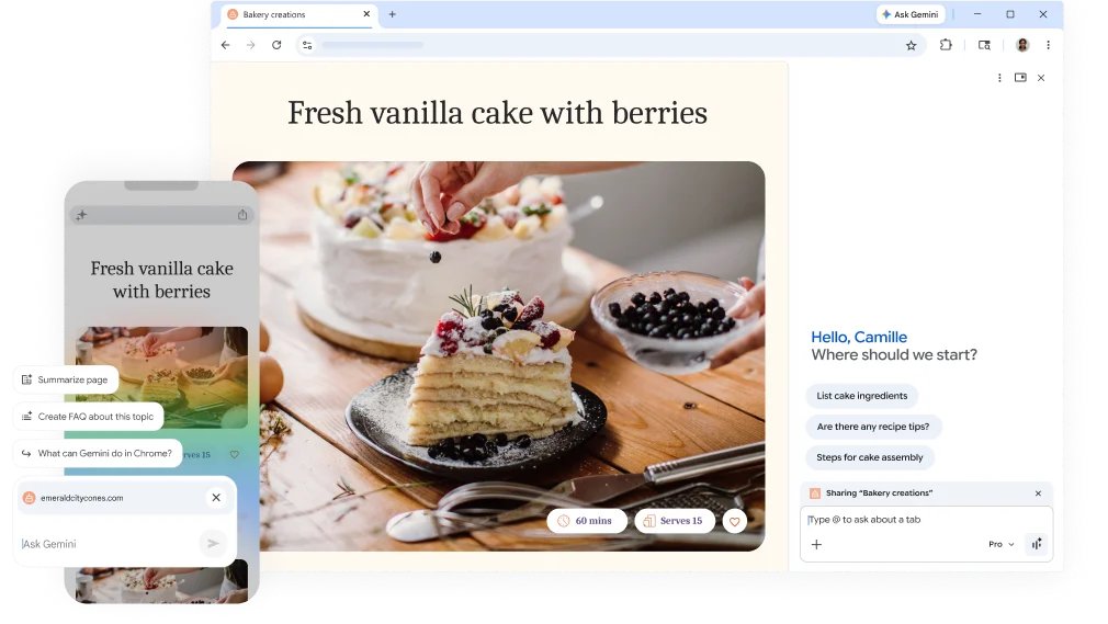 Gemini in Chrome side panel answering questions about an open recipe page