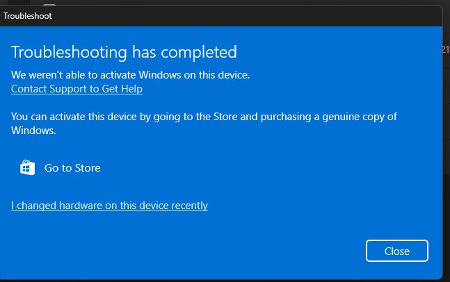 Generic product key cannot activate Windows 11: activation troubleshooter result