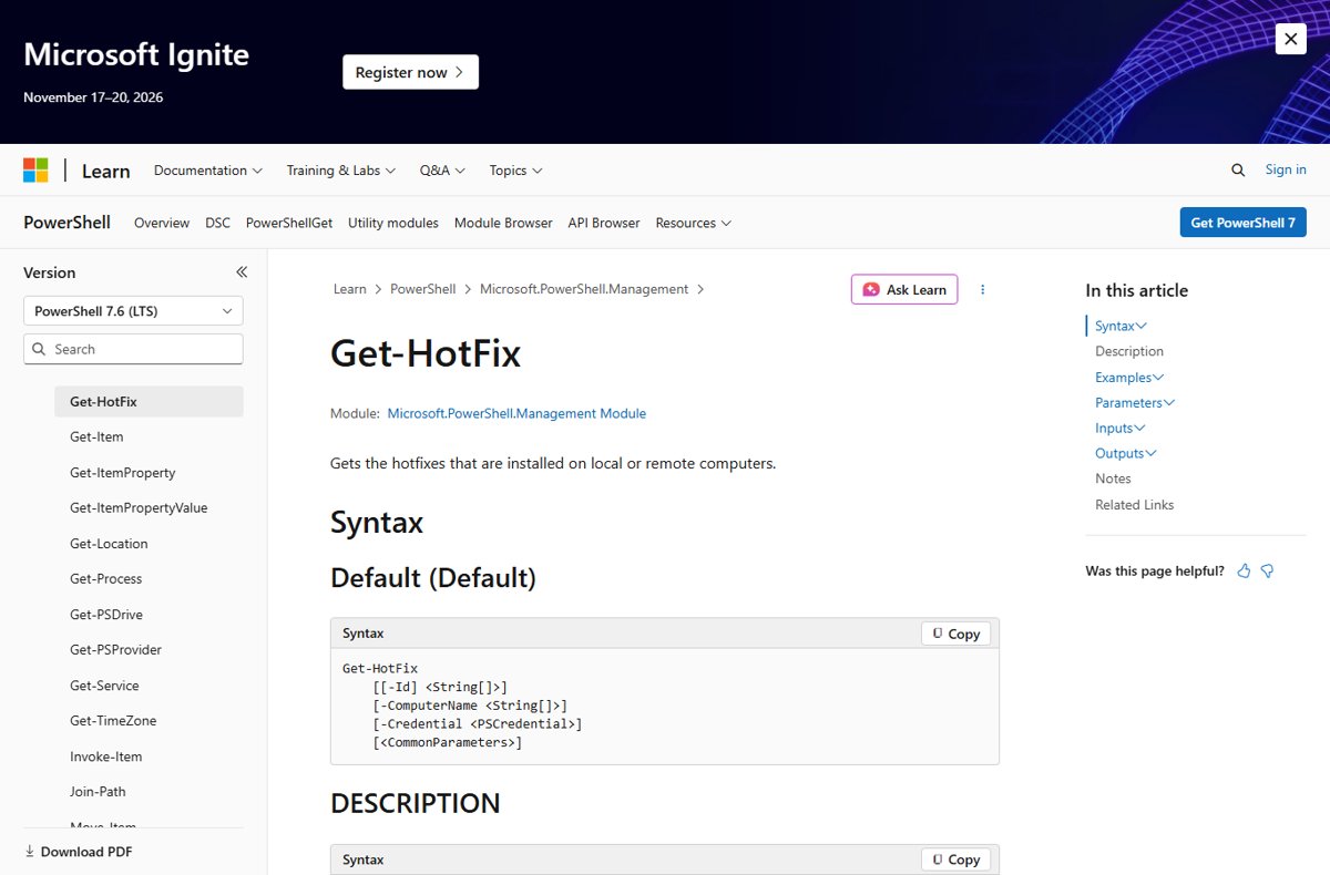 Get-HotFix cmdlet reference page with syntax for Id and ComputerName