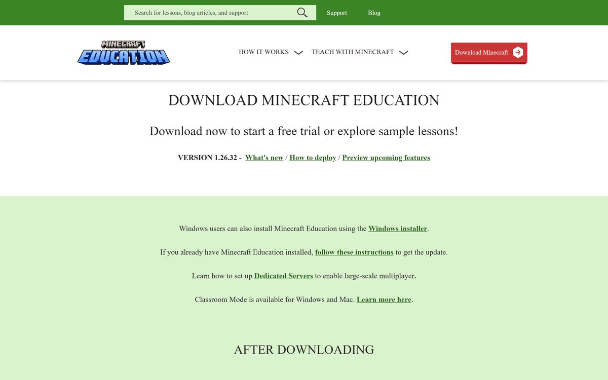 Official Minecraft Education download page with platform buttons