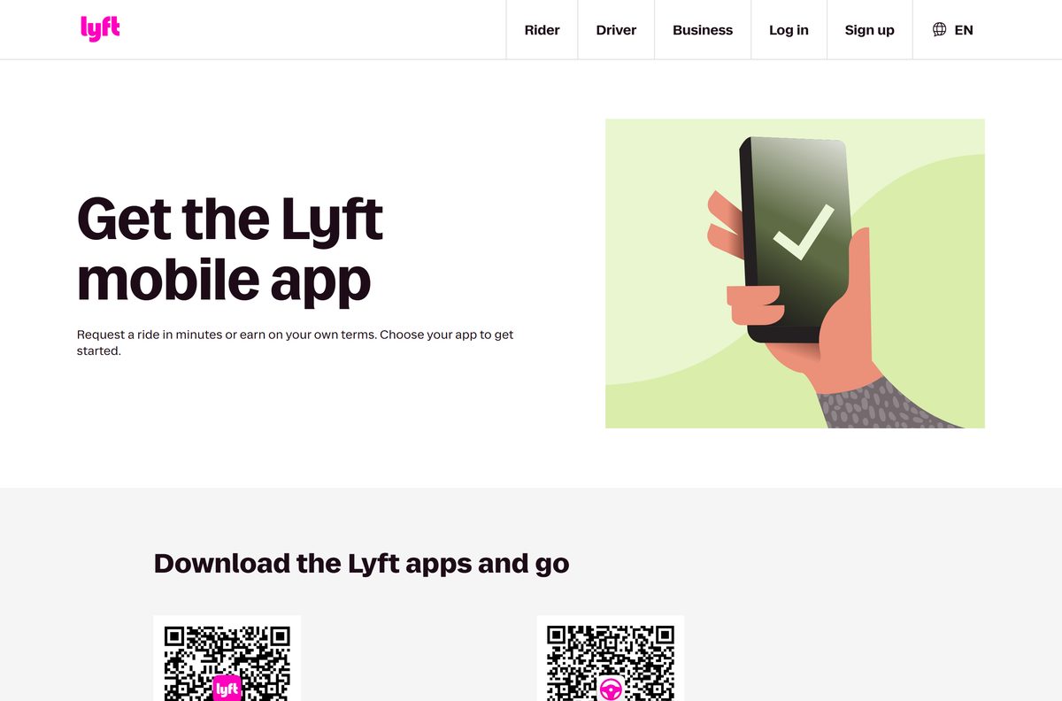 Official Lyft download page with QR codes for rider and driver apps
