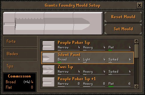 Giants Foundry Mould Setup window listing sword tips with their stats