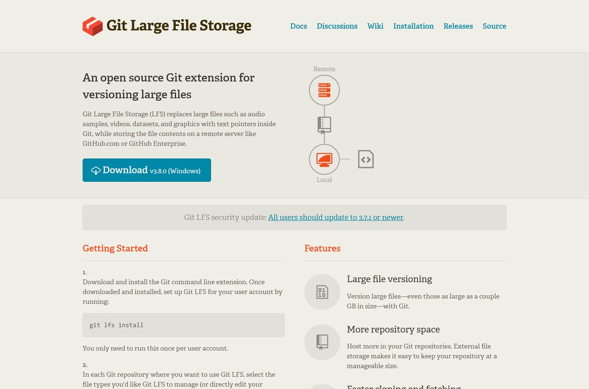 Official Git LFS home page with Windows, Mac and Linux download buttons