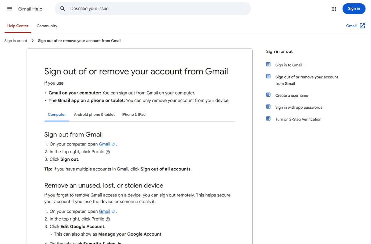 Gmail Help page listing sign-out steps for computer, Android and iPhone