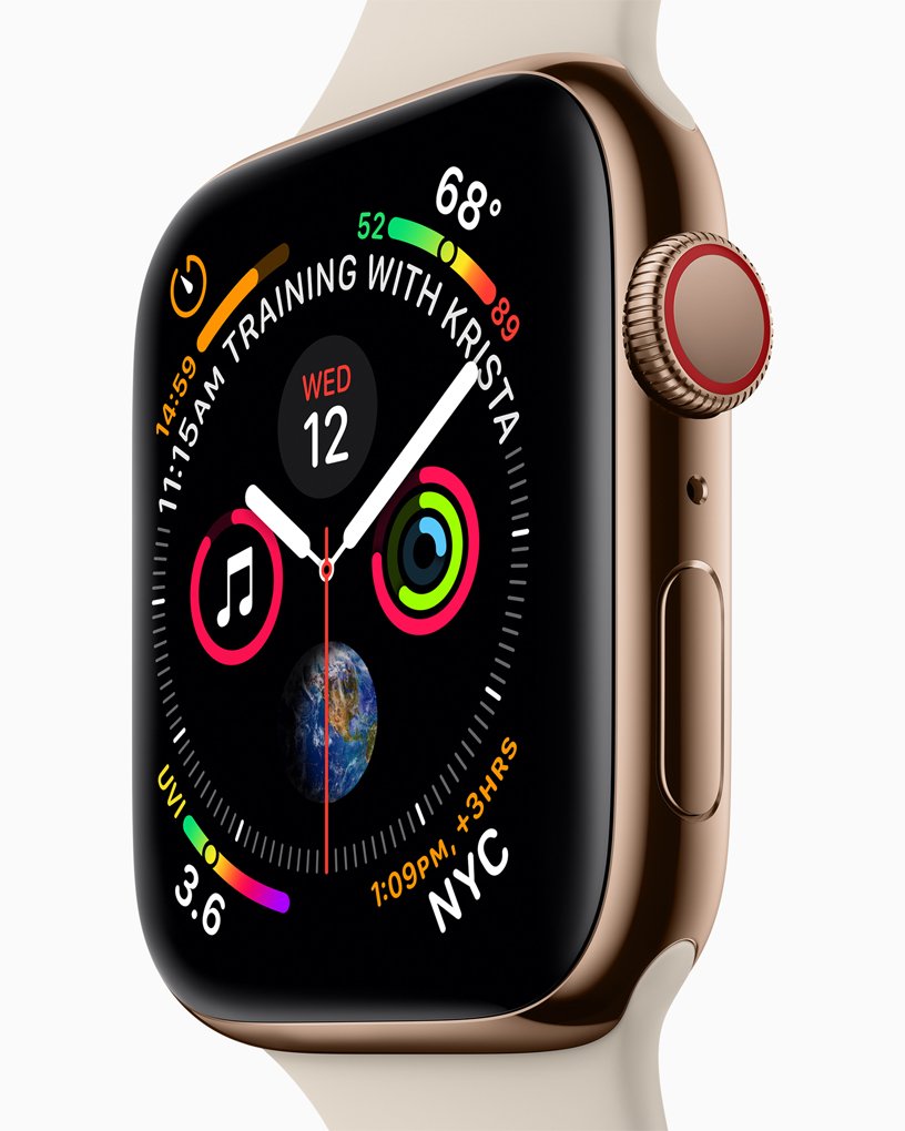 Gold stainless steel Apple Watch Series 4 with a complication-filled watch face