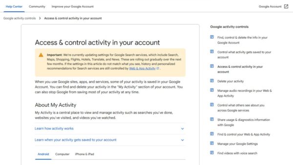 How to access Google “My Activity” on Android