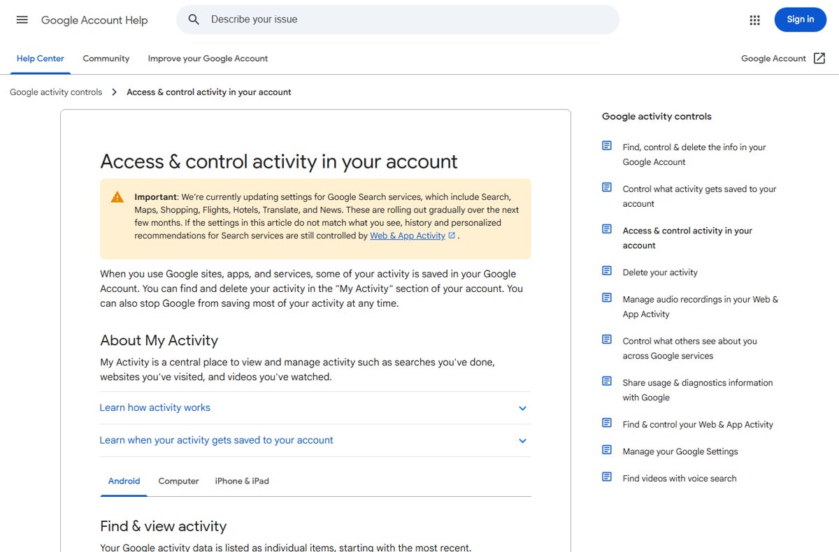 Google Account Help article on accessing and controlling activity in your account