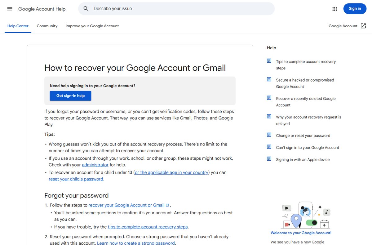 Google Account Help page explaining how to recover a Google Account or Gmail