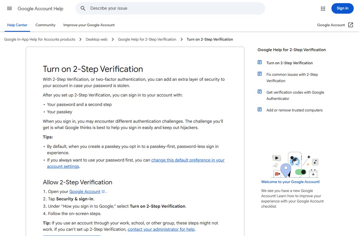 Google Account Help page for turning on 2-Step Verification