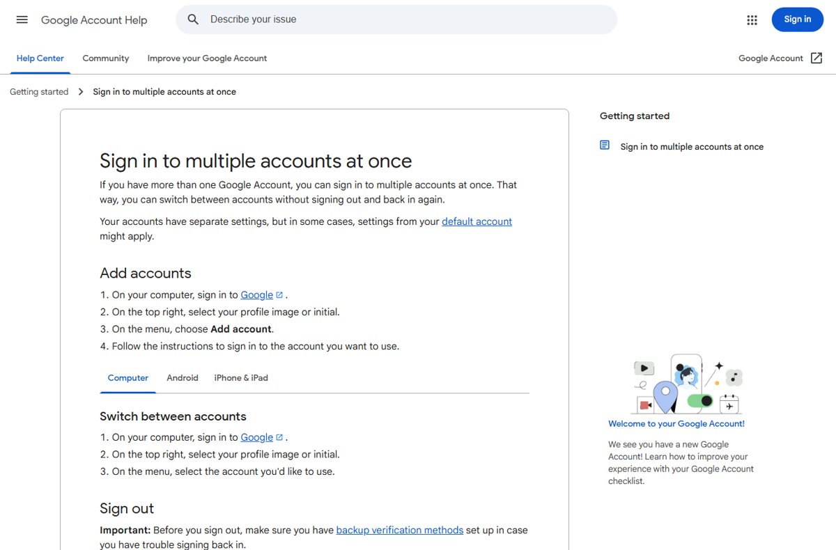 Google Account Help page on signing in to multiple accounts at once