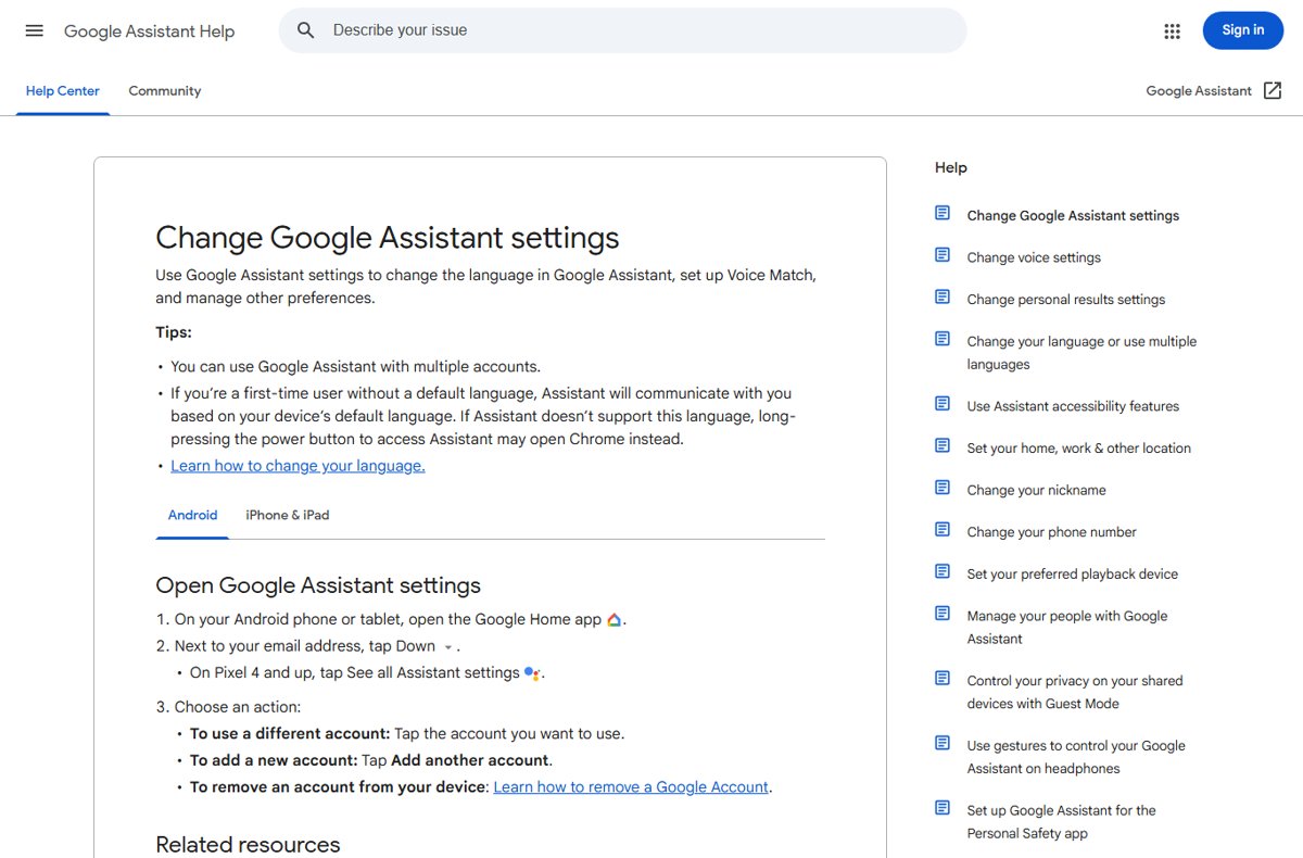 Google Assistant Help page listing steps to open Assistant settings on Android
