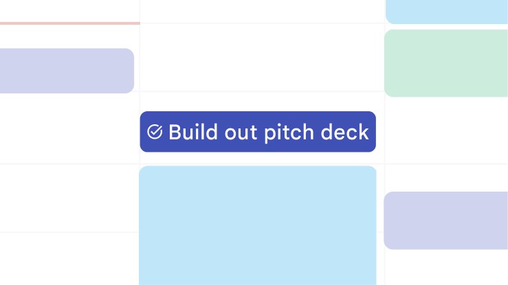 Google Calendar grid showing a Build out pitch deck task block