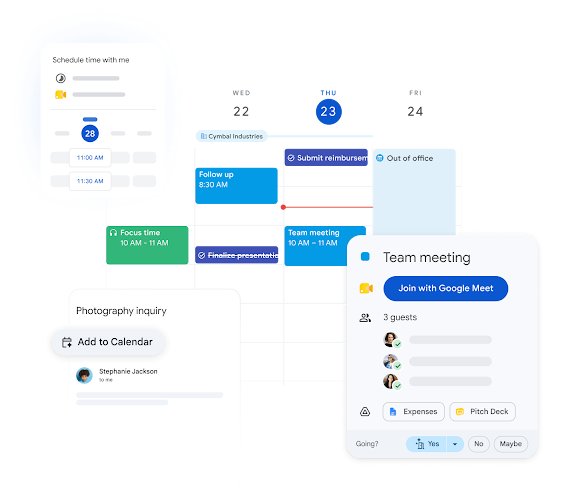 Google Calendar week view with focus time, tasks and a team meeting