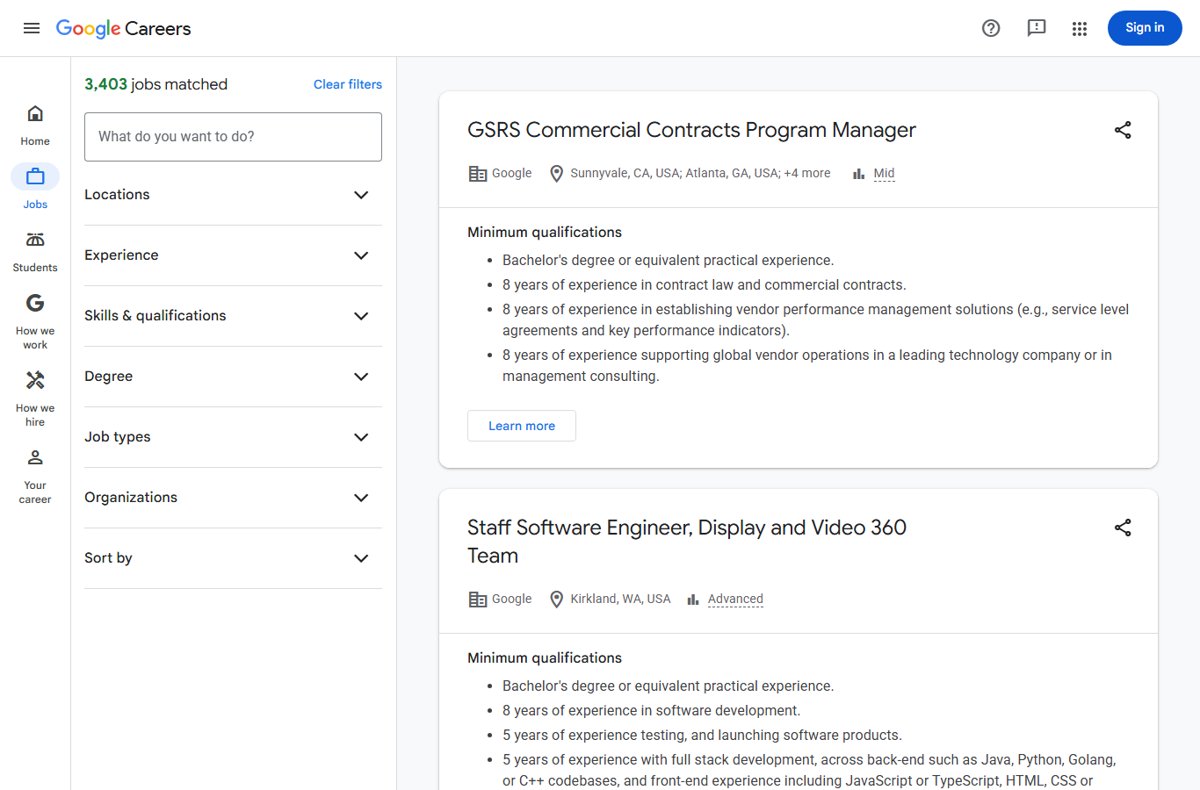 Google Careers job results with location, experience and job type filters