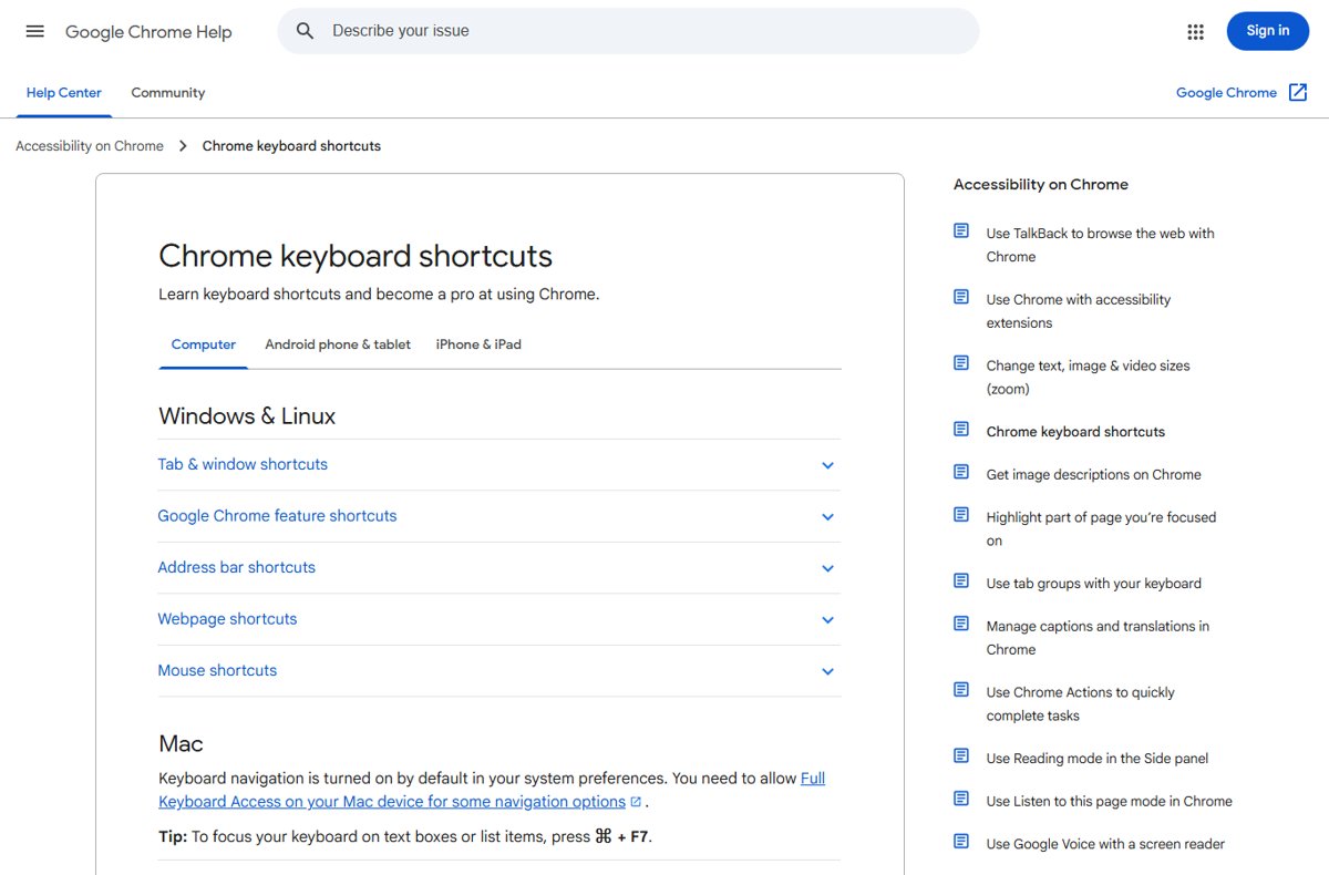 Google Chrome Help keyboard shortcuts page with Tab and window shortcuts section