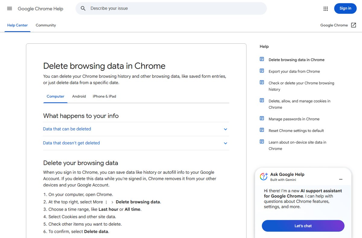Google Chrome Help page listing steps to delete browsing data on a computer