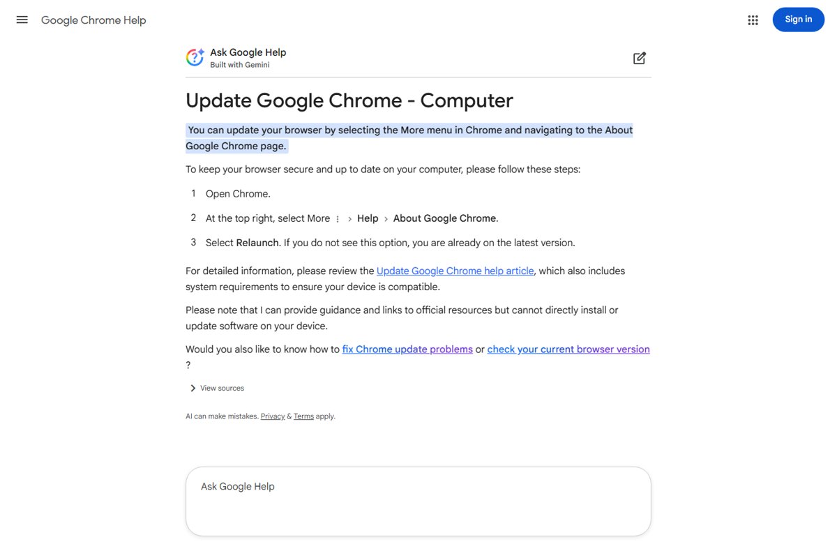 Google Chrome Help steps for More, Help, About Google Chrome and Relaunch