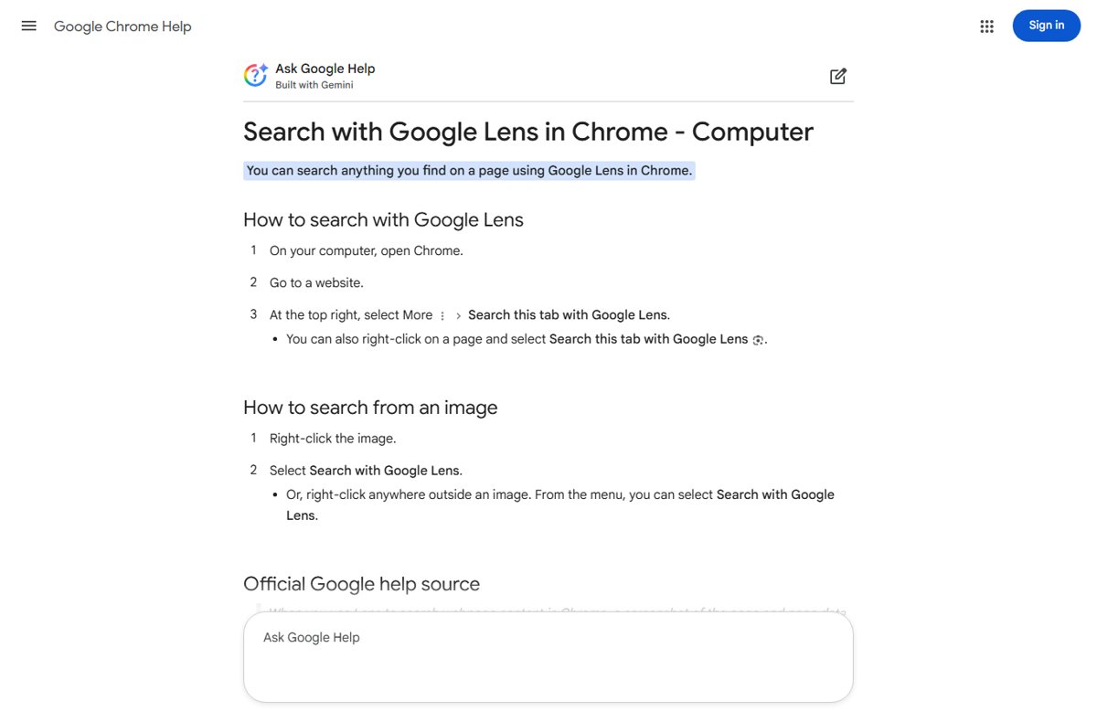Google Chrome Help steps for searching with Google Lens on a computer