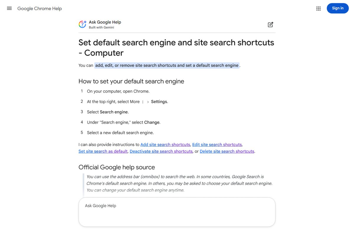 Google Chrome Help steps for setting the default search engine on a computer