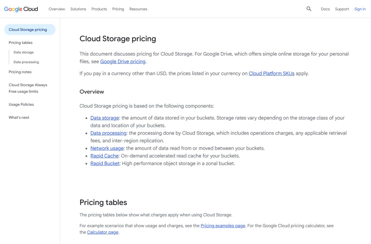 Google Cloud Storage pricing page listing the components that make up the bill