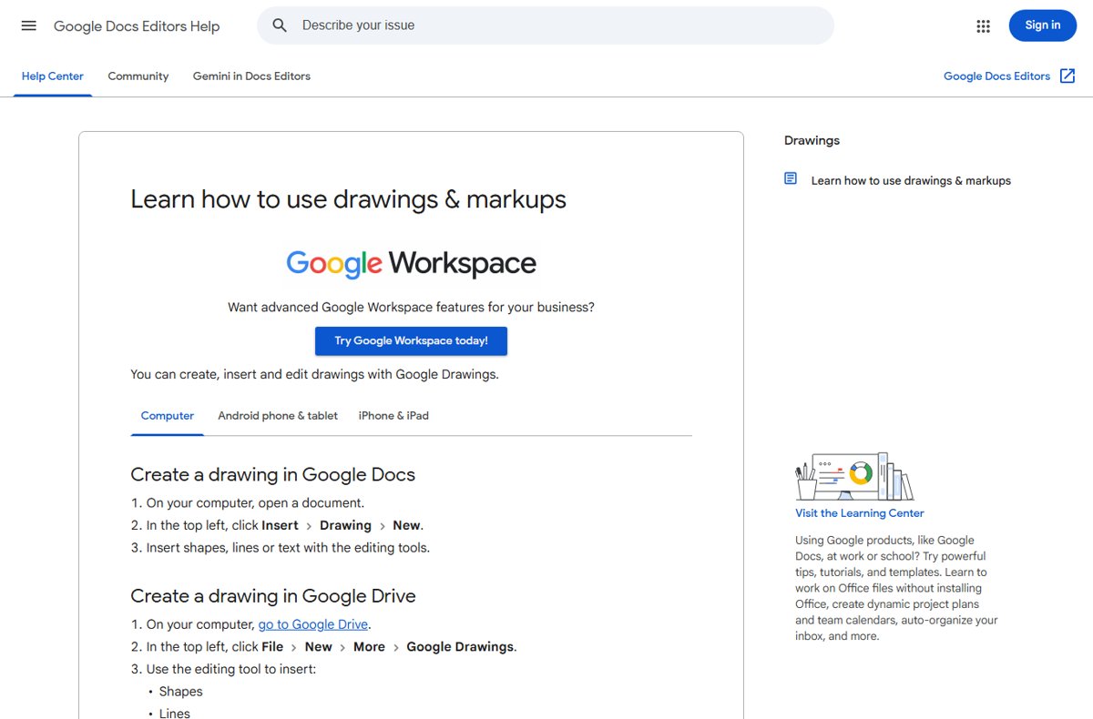 Google Docs Editors Help page on creating a drawing in Google Docs