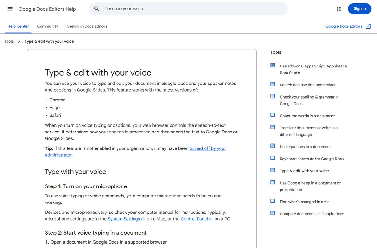 Google Docs Editors Help page on typing and editing with your voice
