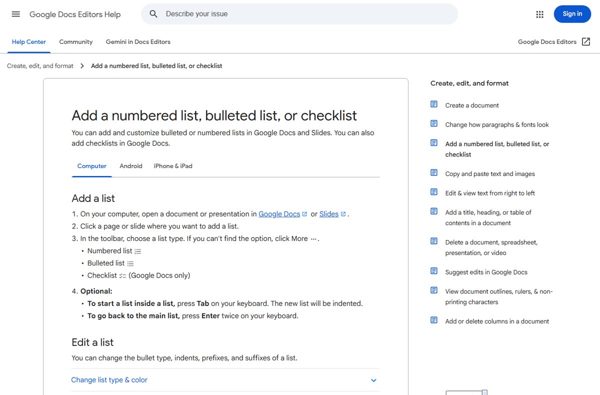 Google Docs Help page explaining how to add numbered and bulleted lists