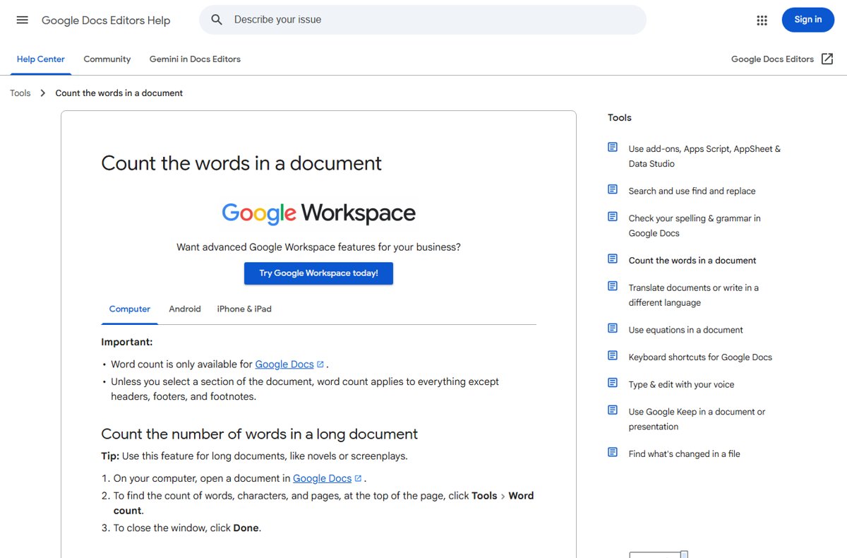 Google Docs Help page for counting the words in a document