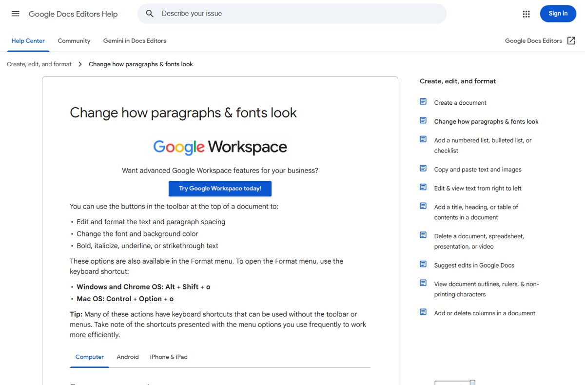 Google Docs Help page on changing paragraph and font formatting