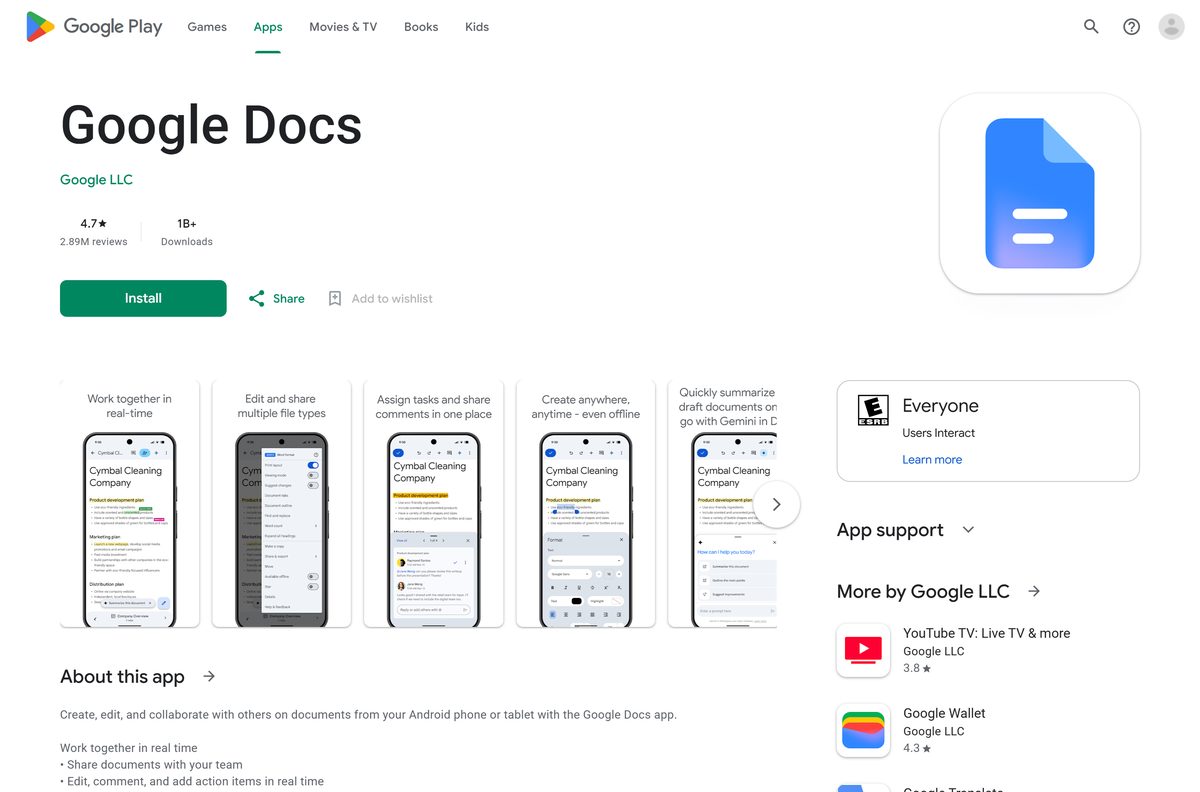 Google Play listing for Docs with its publisher and download count