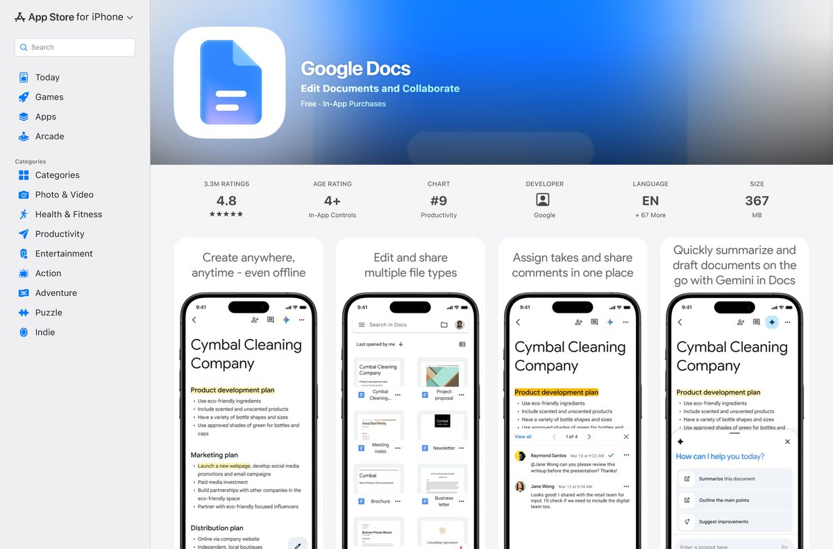 App Store page for Google Docs on iPhone and iPad