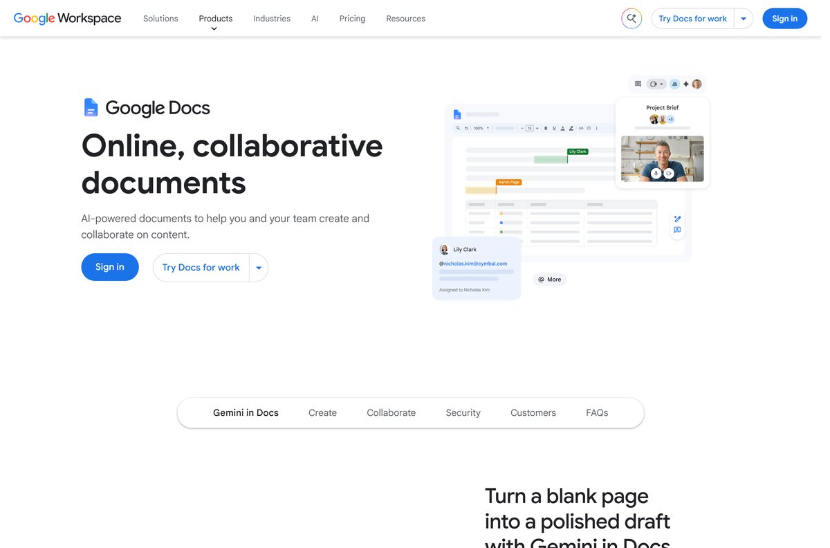 Google's Docs product page with sign-in and work plan buttons