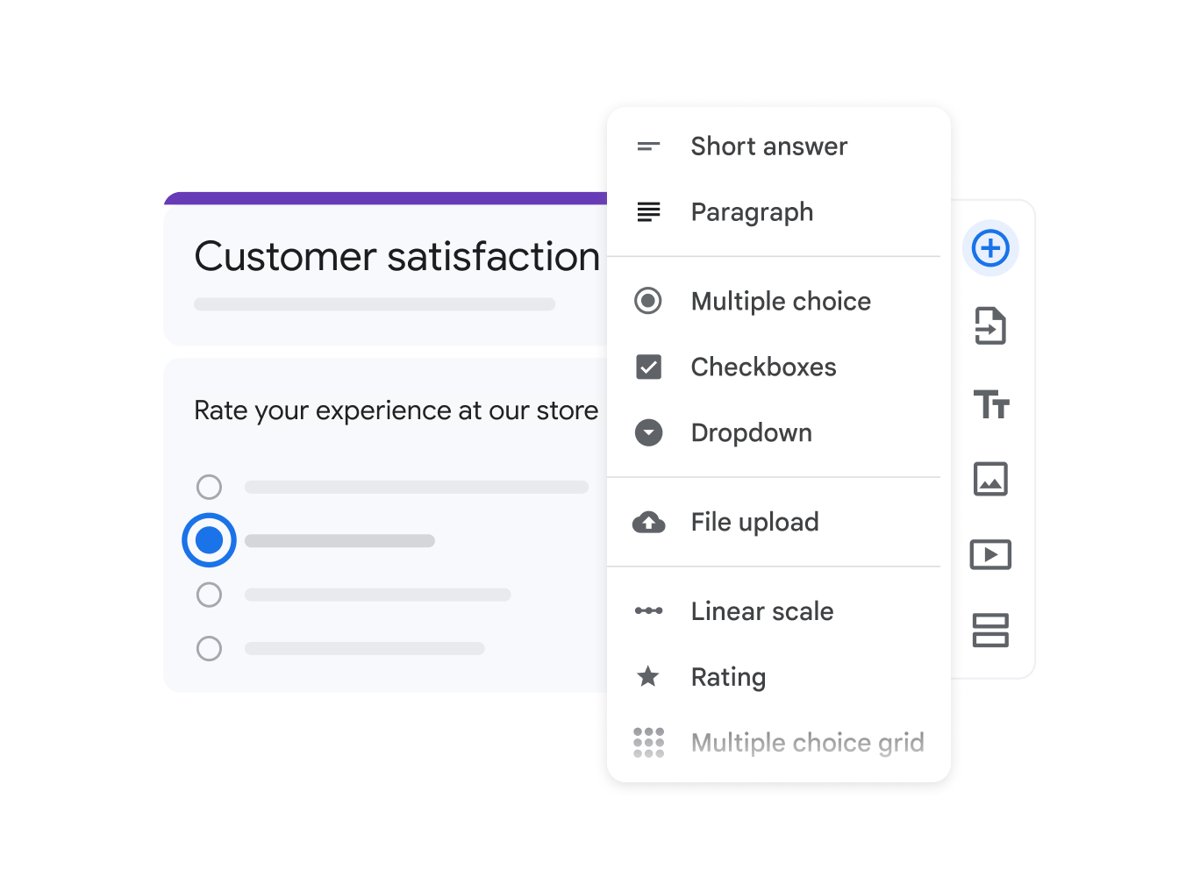 Google Forms question types menu with short answer, checkboxes and rating