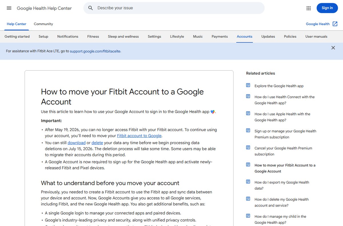 Google Health Help Center article on moving a Fitbit account to Google
