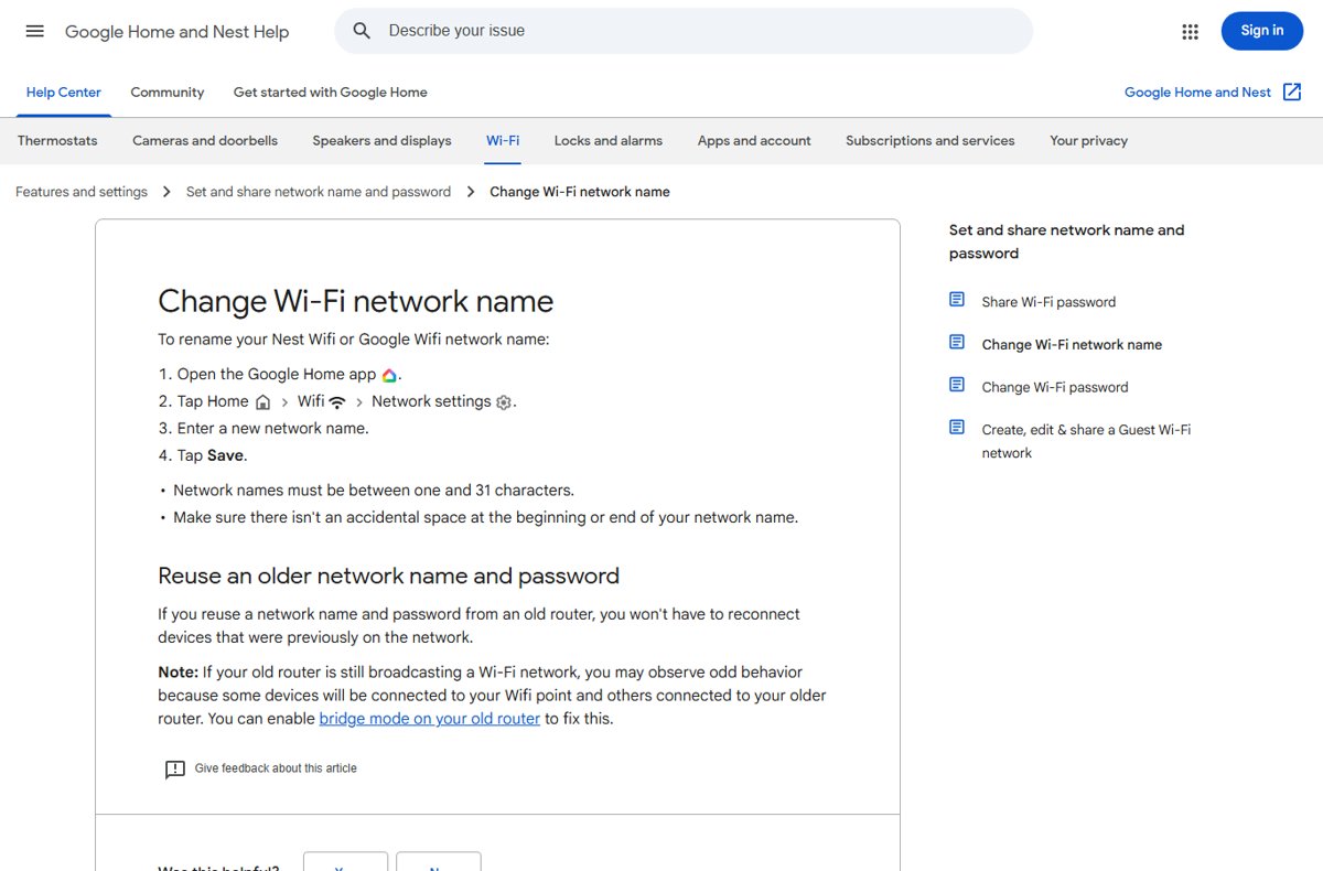 Google Home and Nest Help steps for changing a Wi-Fi network name