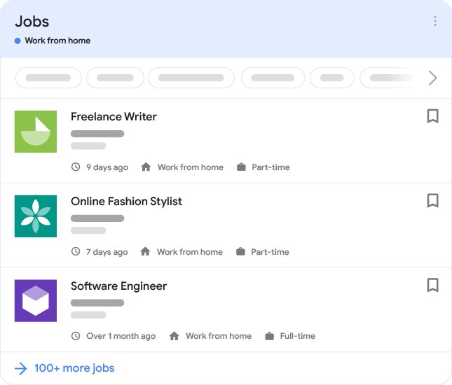 Google Jobs panel filtered to work from home listings with save icons
